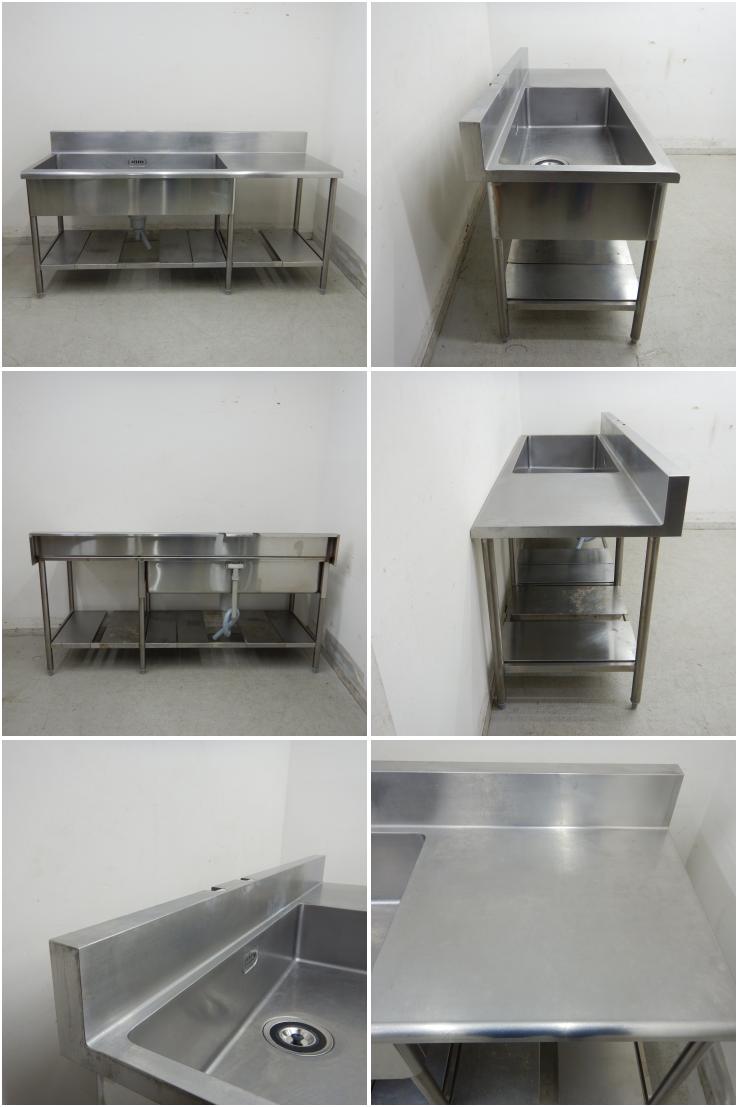 中古】 A06555 1槽シンク 台付き(右) W1800 x D650 x H800(+150) mm