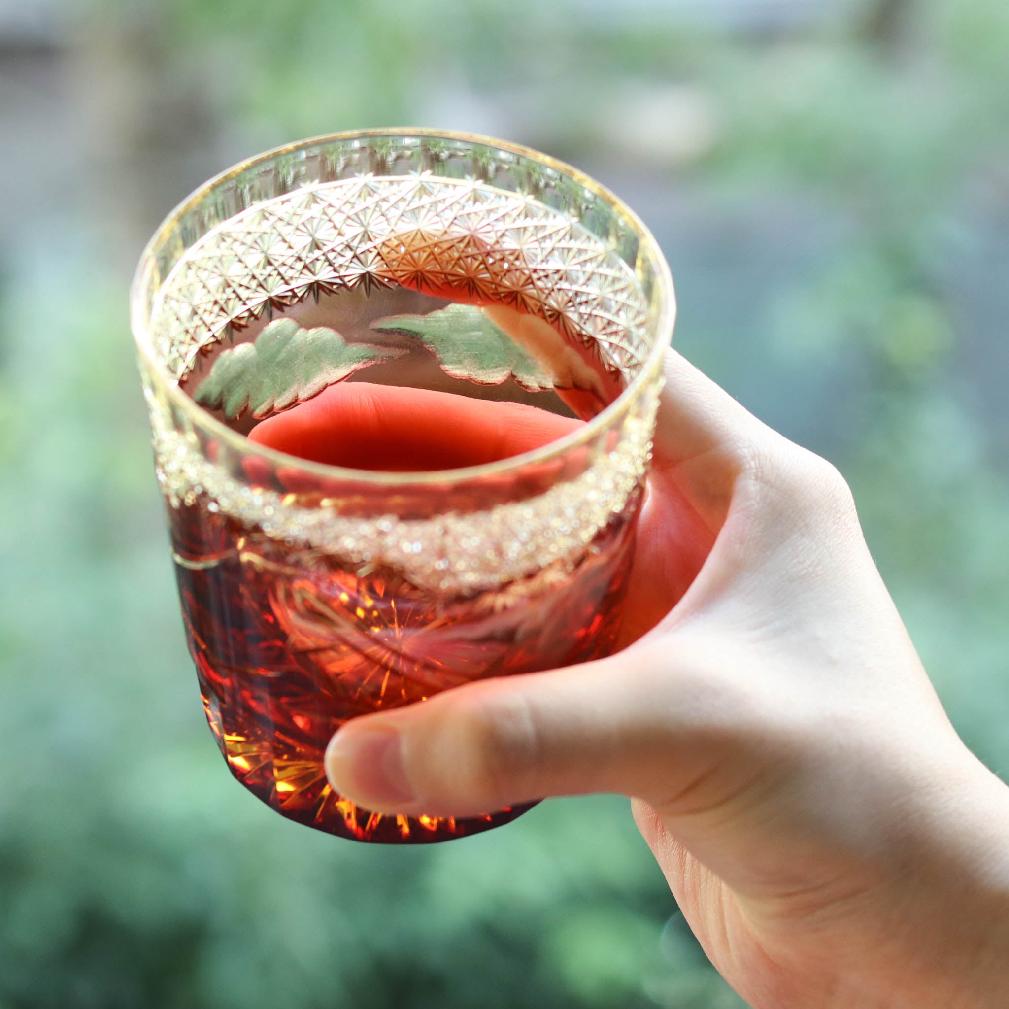 江戸切子 ロックグラス｜山下白雨｜琥珀 金赤｜山田硝子