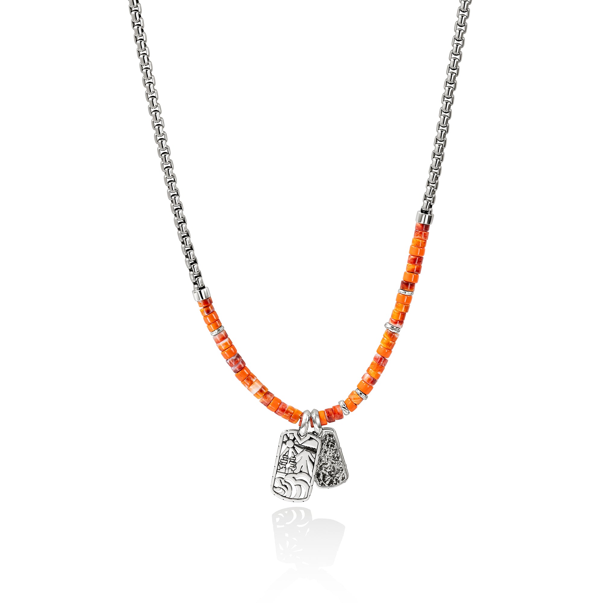 Heishi Tag Necklace, Sterling Silver, Spiny Oyster Shells