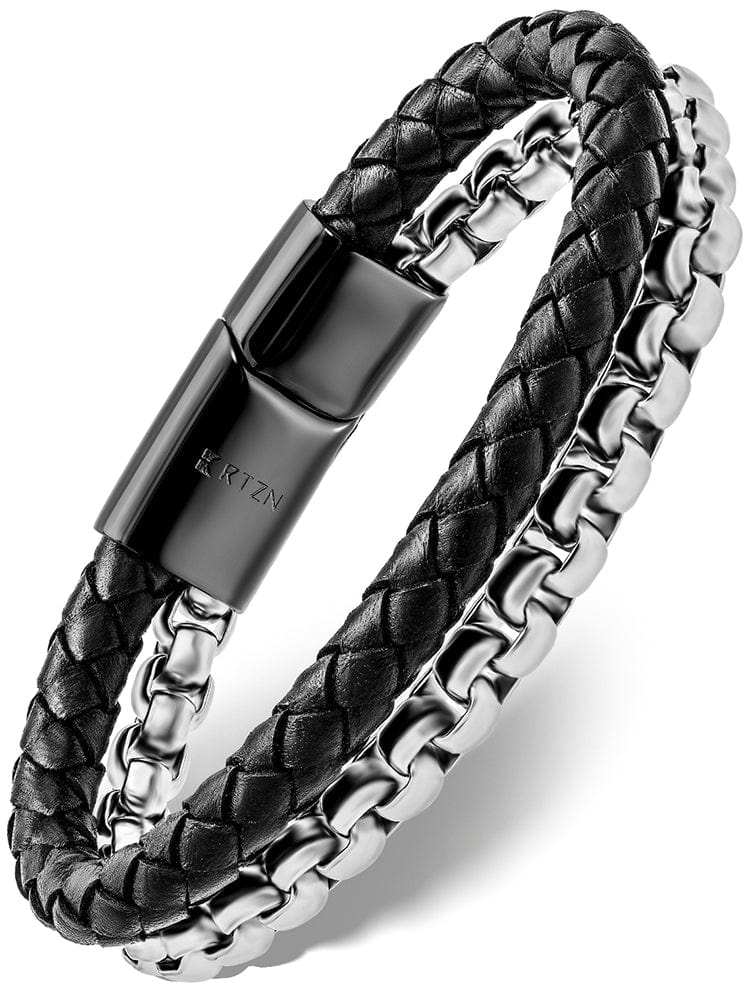 Black Leather & Silver Box Chain Bracelet Men - RTZN