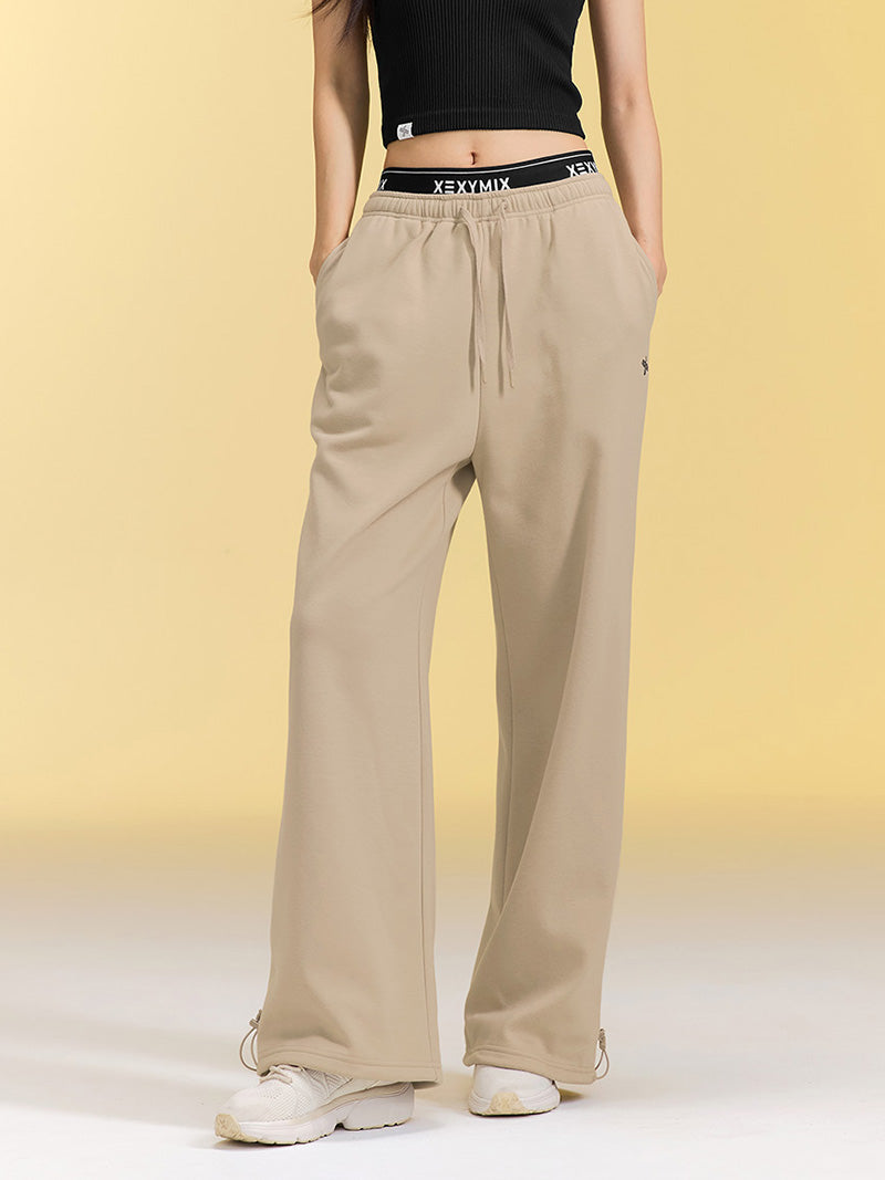 裏起毛 ロゴ入りバンド レイヤード風 ワイドパンツ