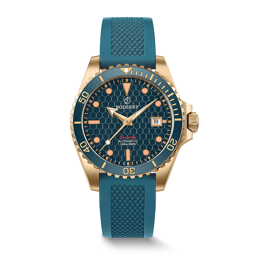 SEATURTLE.OCEAN(BRONZE) - Automatic Bronze Diver Watch | Sea Blue/FKM