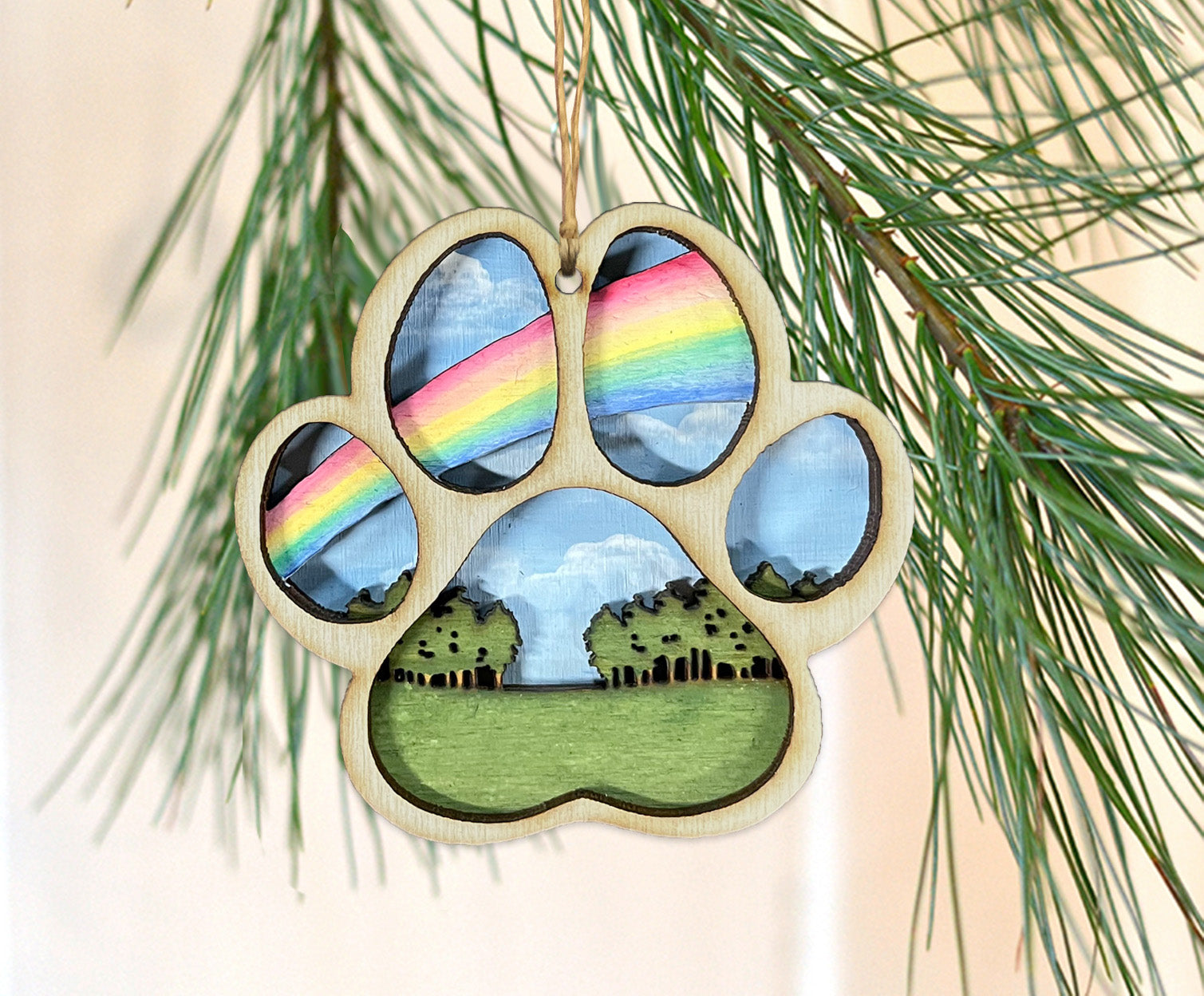 Rainbow Bridge Wooden Paw Print Ornament – Cedar + Pearl