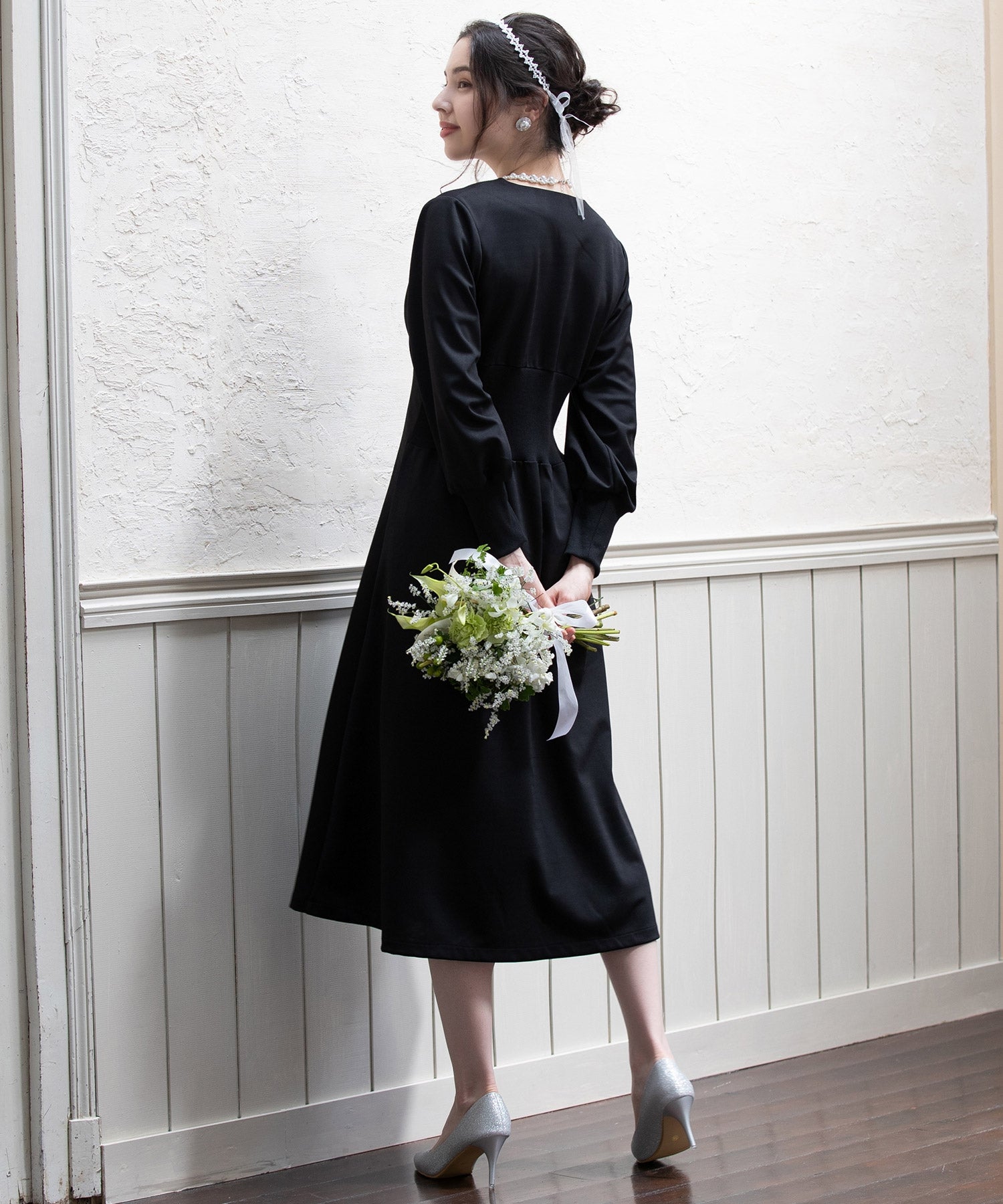 ワンピース フレア Aライン 長袖 ストレッチ素材 スタイルUP ブラック