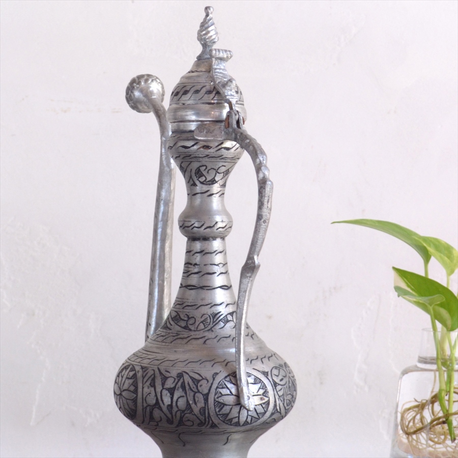 トルコ・銅製の水差し・アンティークシルバー/高さ35cm / ガラタバザール