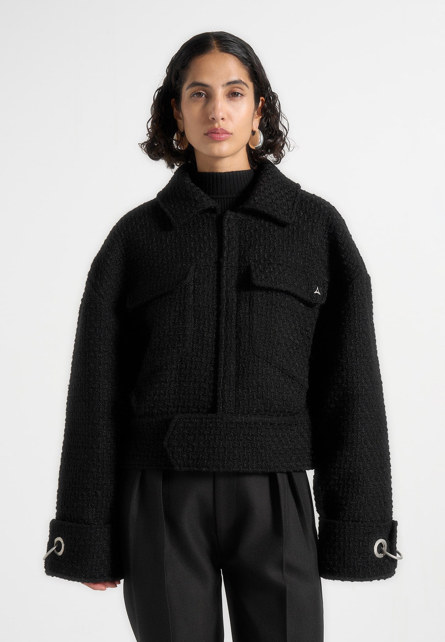 Naela - Boxy Tweed Jacket With Cuff Detail - Black | Manière De Voir