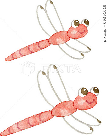 2匹で連なって飛ぶ赤とんぼの水彩イラストのイラスト素材 [69391619