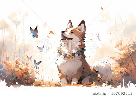 AI生成画像】水彩で描いた犬と紅葉の森のメッセージカードのイラスト