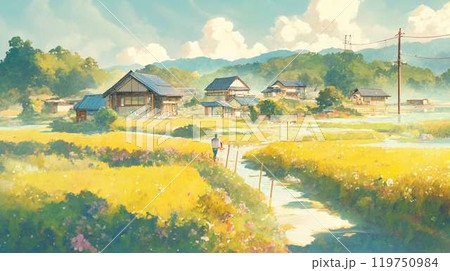 のどかな田園風景と日本の古民家 夏の日差しに映える農村の水彩