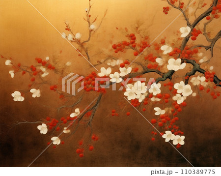 梅の花 金屏風 イラストのイラスト素材 [110389775] - PIXTA