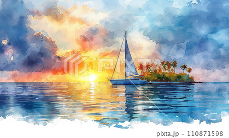 南洋の孤島とヨットと夕日：水彩画のイラスト素材 [110871598] - PIXTA