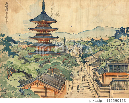 京都の街並み 五重の塔 浮世絵風 イラストのイラスト素材 [112390138