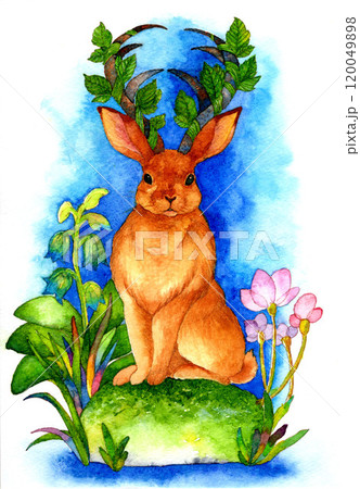 ジャッカロープ 鹿の角が生えたウサギのUMA（未確認生物） 水彩の