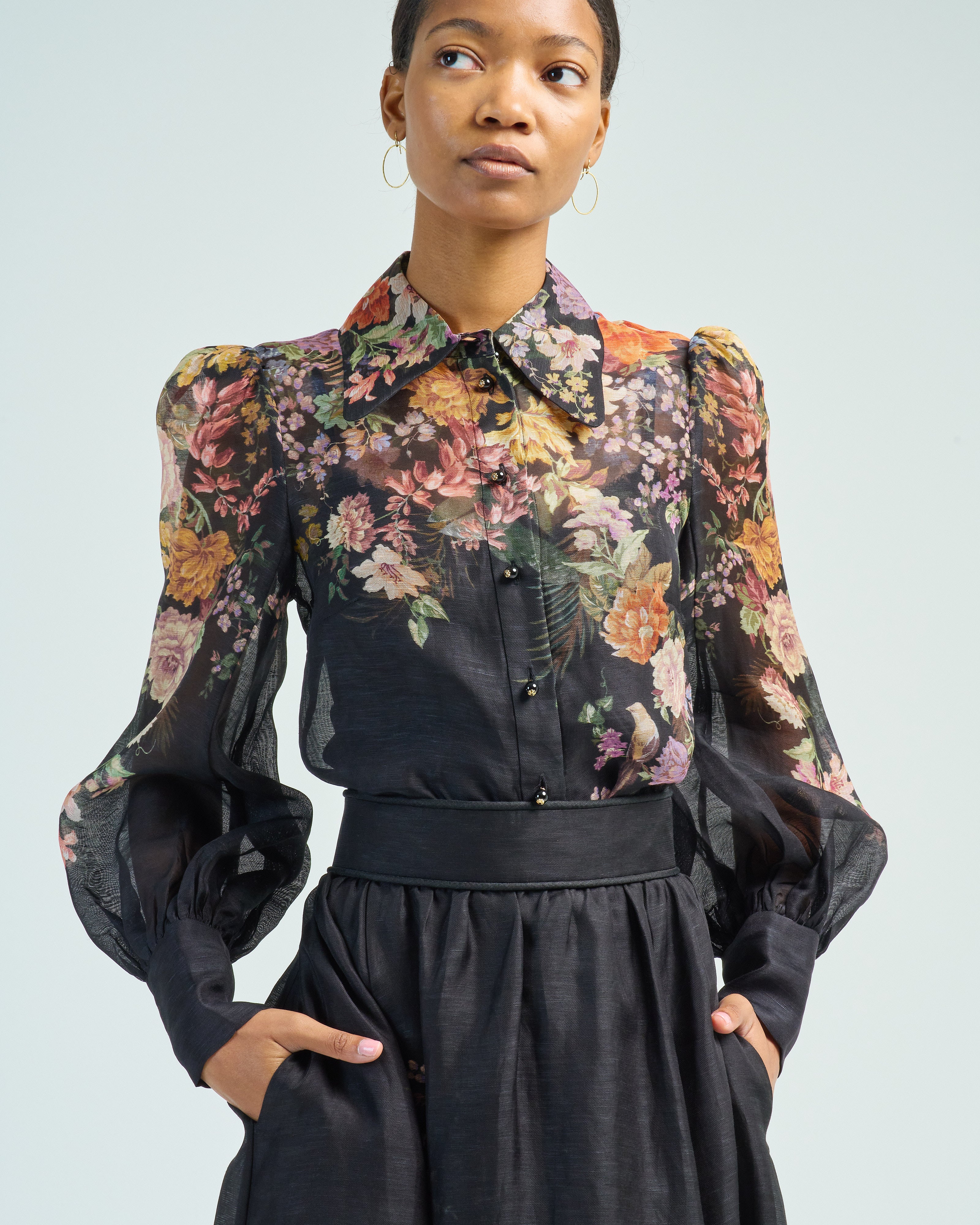 Zimmermann Pavilion Tie Neck Blouse Black Multi Floral