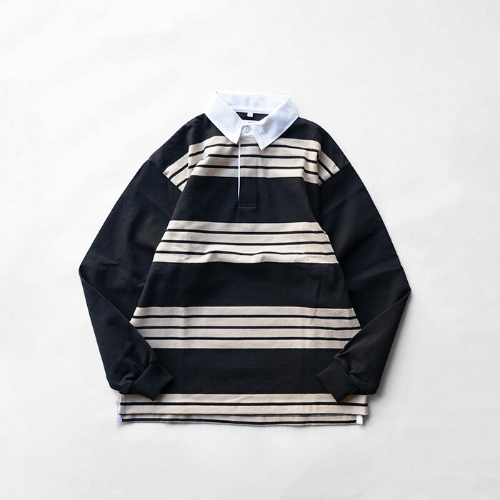 バーバリアンズ 古着 刺繍 ブラック 白黒 ボーダー ラガーシャツ L