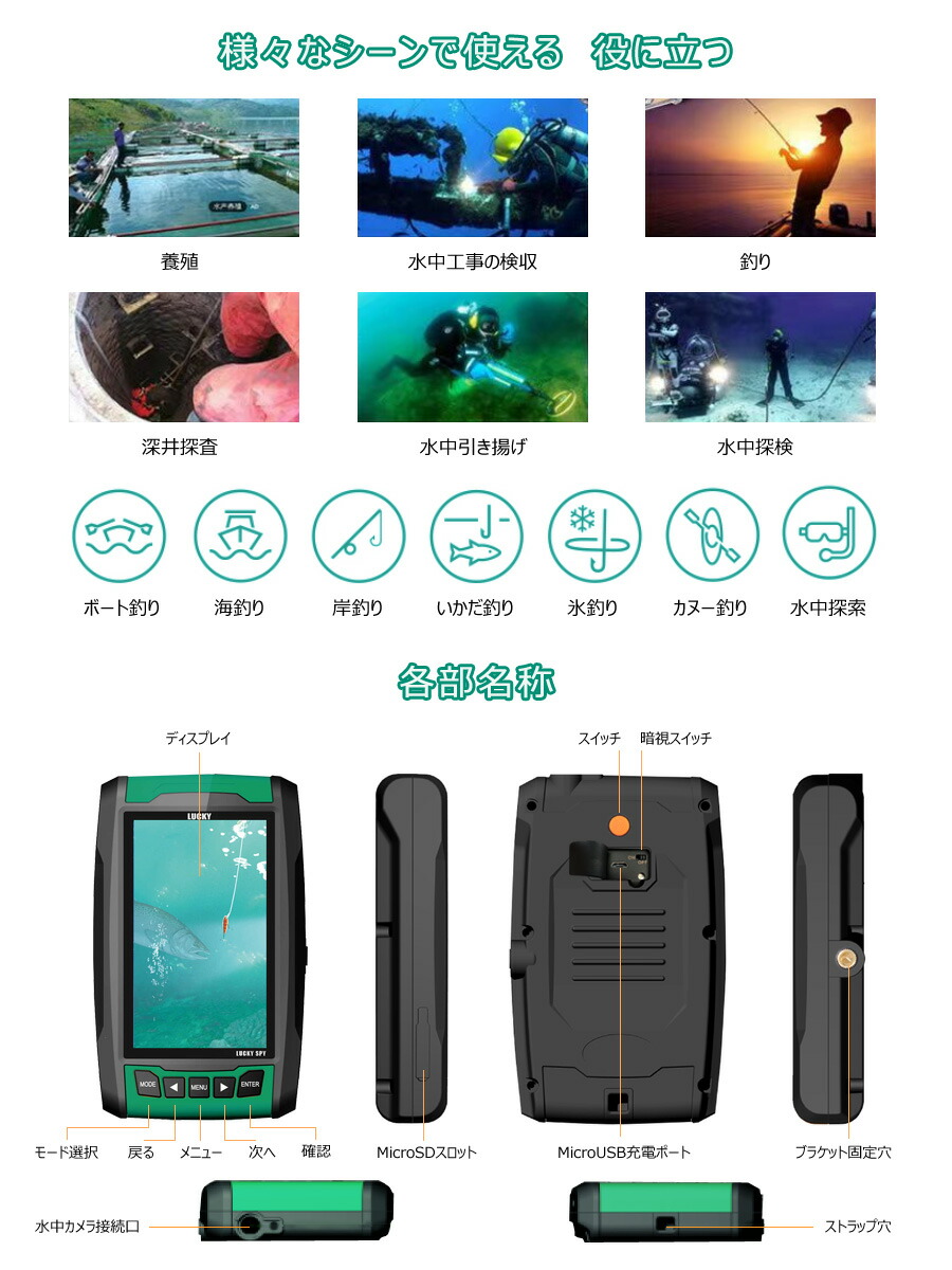 楽天市場】LUCKYLAKER 水中カメラ 魚群探知機 ポータブル 魚探 赤外線