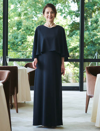 結婚式 母親ドレス ダークネイビー・マザーズドレス ケープ一体型