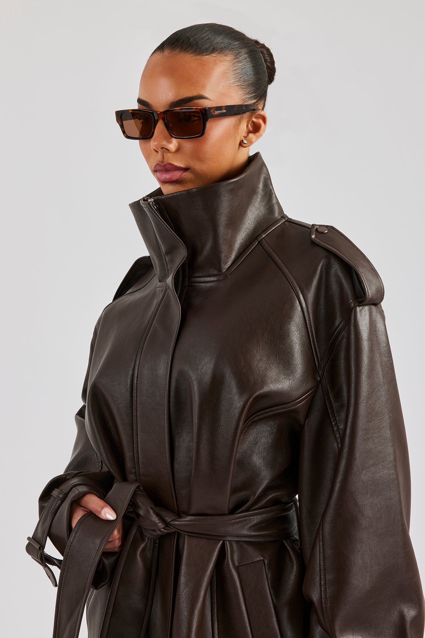 Ladies Faux Leather Trench Coat - Chocolate | Womens Outerwear