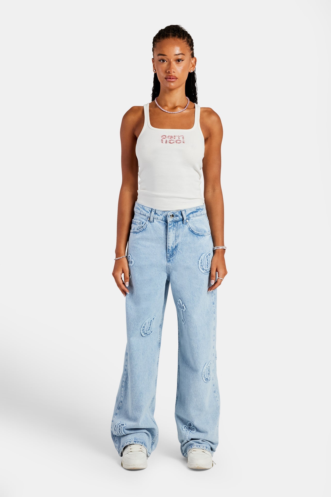 Ladies Raw Edge Applique Cross Baggy Jean - Ice Blue | Womens