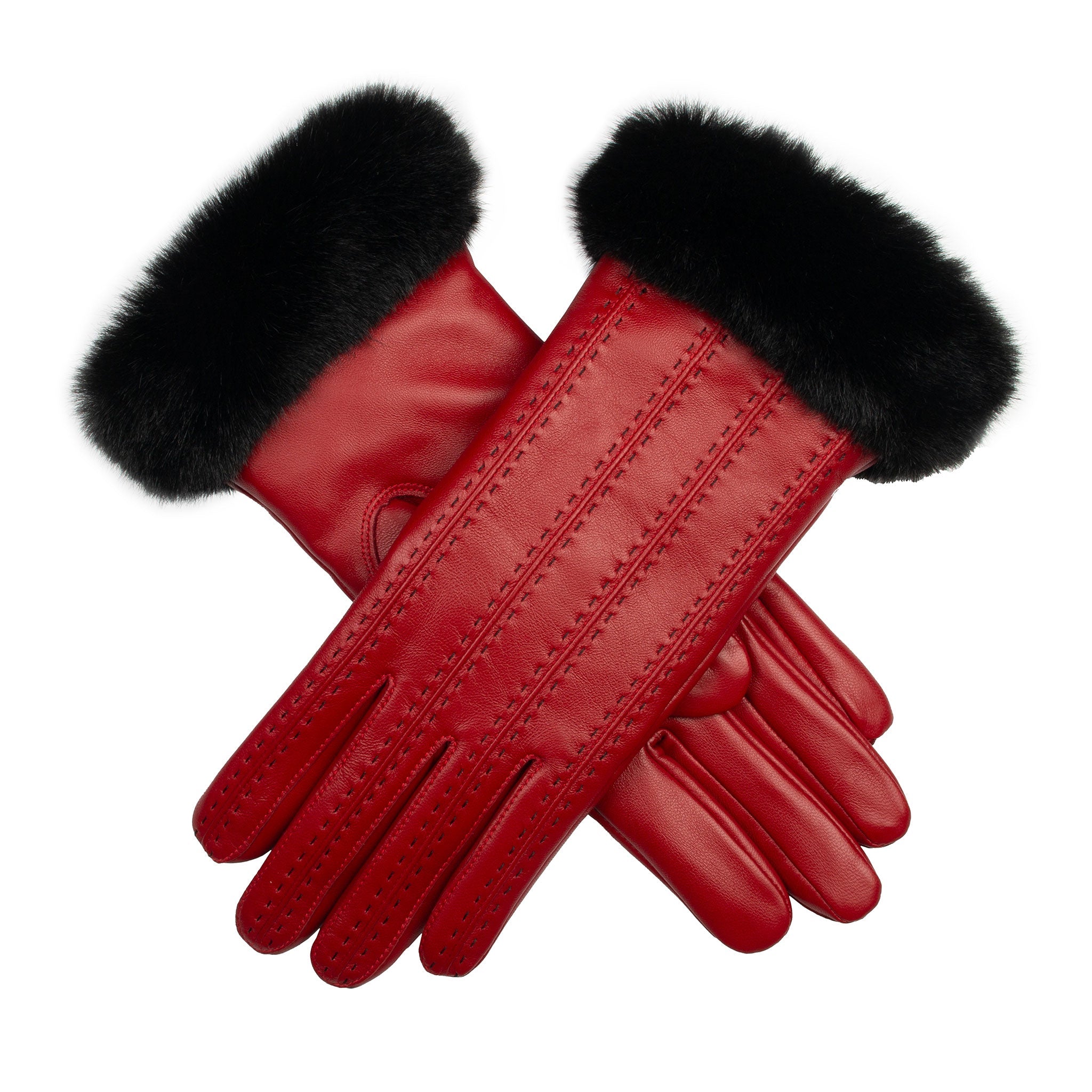 Women's Faux Fur-Lined Leather Gloves with Stitch Detail and Faux