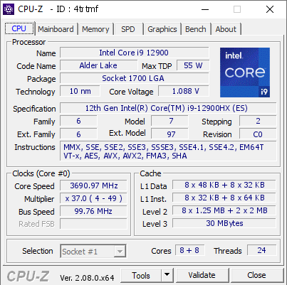 Intel Core i9 12900 @ 3690.97 MHz - CPU-Z VALIDATOR