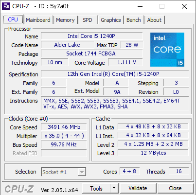 Intel Core i5 1240P @ 3491.46 MHz - CPU-Z VALIDATOR
