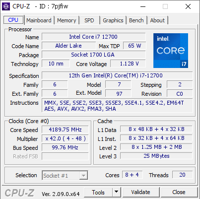 Intel Core i7 12700 @ 4189.75 MHz - CPU-Z VALIDATOR
