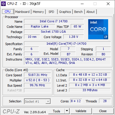 Intel Core i7 14700 @ 5187.31 MHz - CPU-Z VALIDATOR