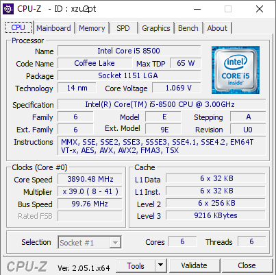 Intel Core i5 8500 @ 3890.48 MHz - CPU-Z VALIDATOR