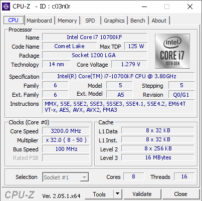 Intel Core i7 10700KF @ 3200 MHz - CPU-Z VALIDATOR