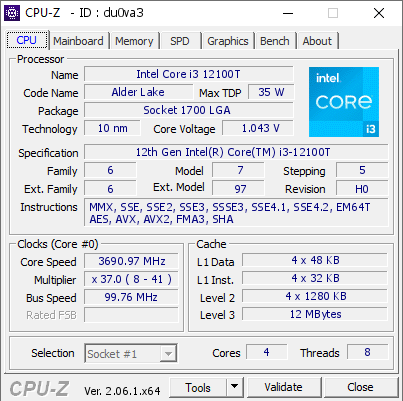 Intel Core i3 12100T @ 3690.97 MHz - CPU-Z VALIDATOR