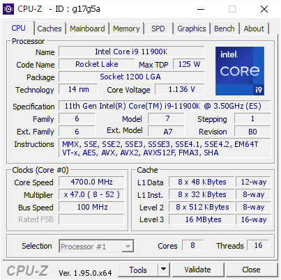 Intel Core i9 11900K @ 4700 MHz - CPU-Z VALIDATOR