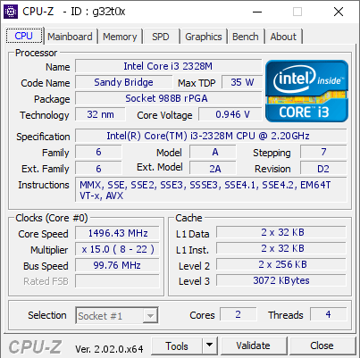 Intel Core i3 2328M @ 1496.43 MHz - CPU-Z VALIDATOR