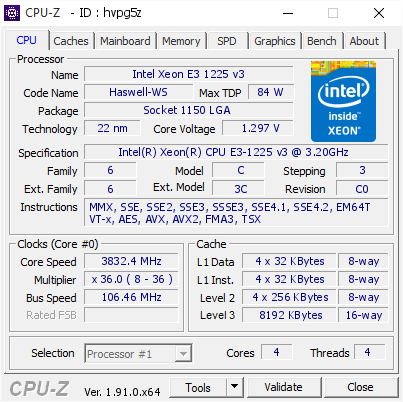 Intel Xeon E3 1225 v3 @ 3832.4 MHz - CPU-Z VALIDATOR