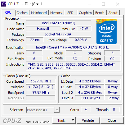 Intel Core i7 4700MQ @ 1697.78 MHz - CPU-Z VALIDATOR