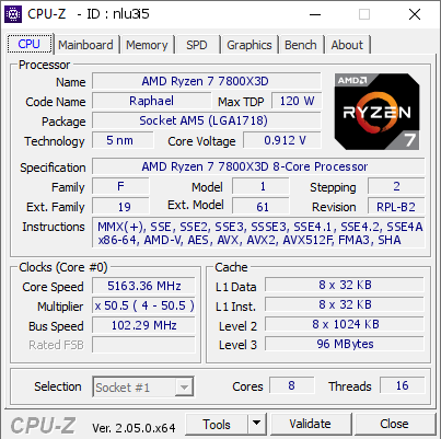AMD Ryzen 7 7800X3D @ 5163.36 MHz - CPU-Z VALIDATOR
