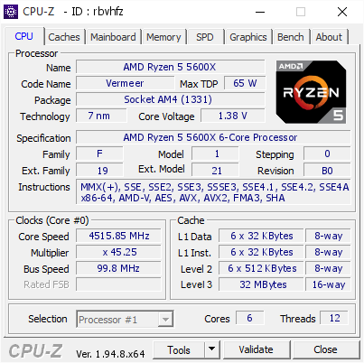 AMD Ryzen 5 5600X @ 4515.85 MHz - CPU-Z VALIDATOR