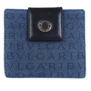 二つ折り財布 ロゴマニア Wホック デニム生地 レザー 青 ブルー（2024