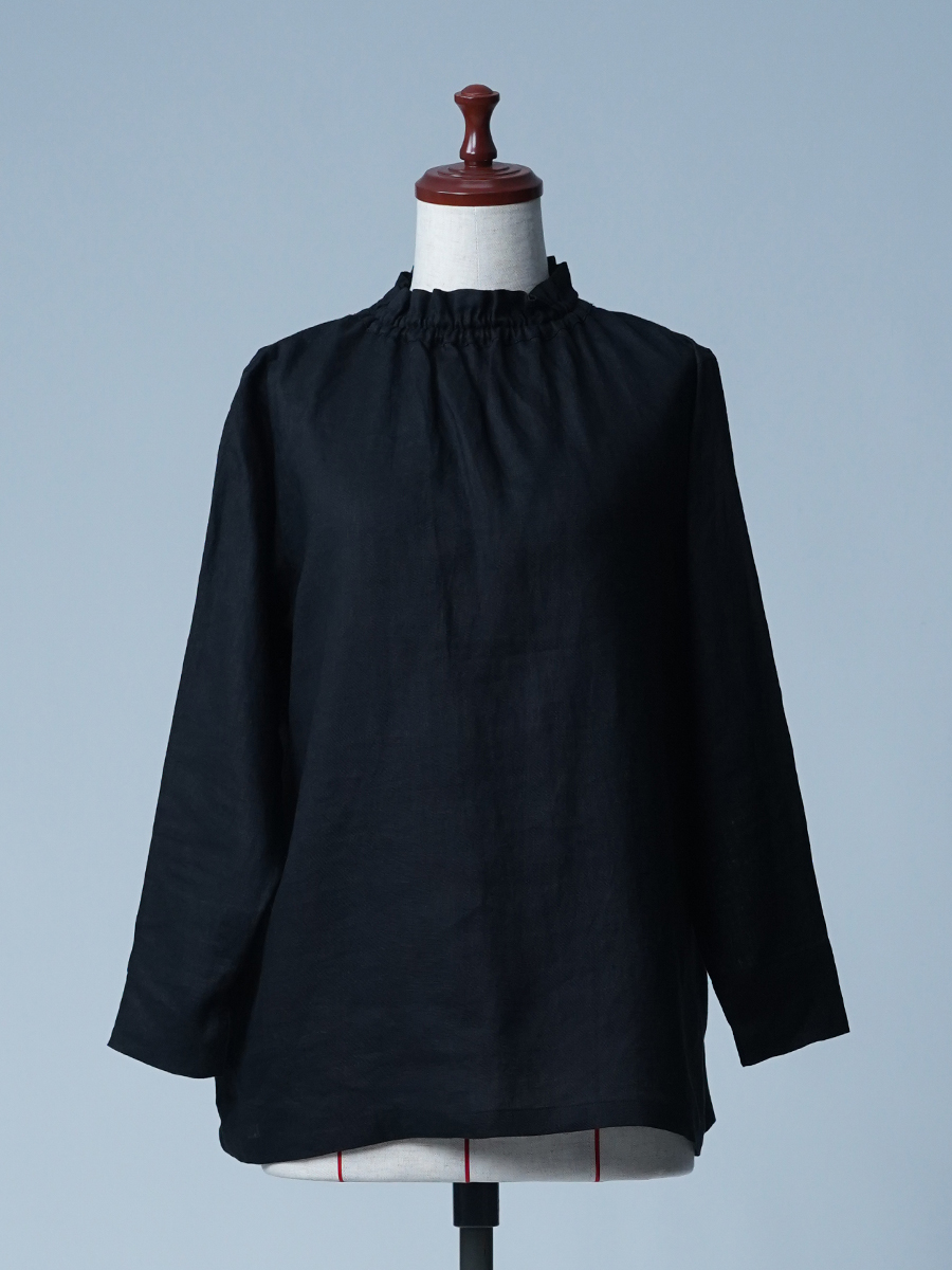 サンプル作品】リネントップス 長袖 首元にシャーリングを施した