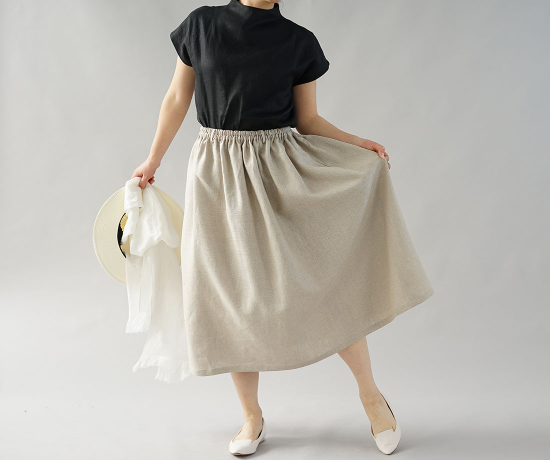 中厚 リネン スカート ふんわり膝下丈 ウエスゴム ベルトループ ベルト