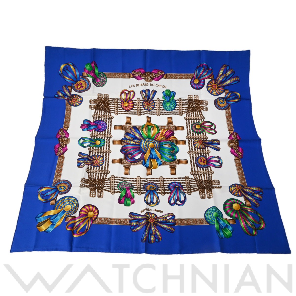 エルメス カレ 90 LES RUBANS DU CHEVAL ブルー/ホワイト シルク100