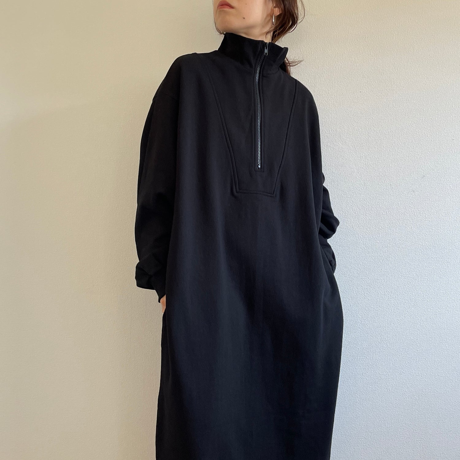 high neck half zip up sweat one piece / black [3size] （ハイネック