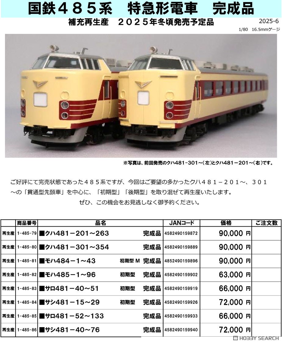 16番(HO) サロ481-52～133 完成品 (国鉄485系特急形電車) (塗装済み