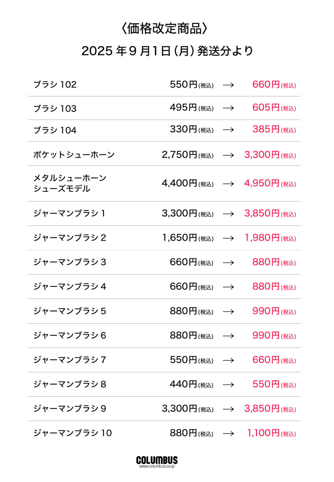 9月商品価格改定のご案内 -2025.08.01- – 株式会社コロンブス