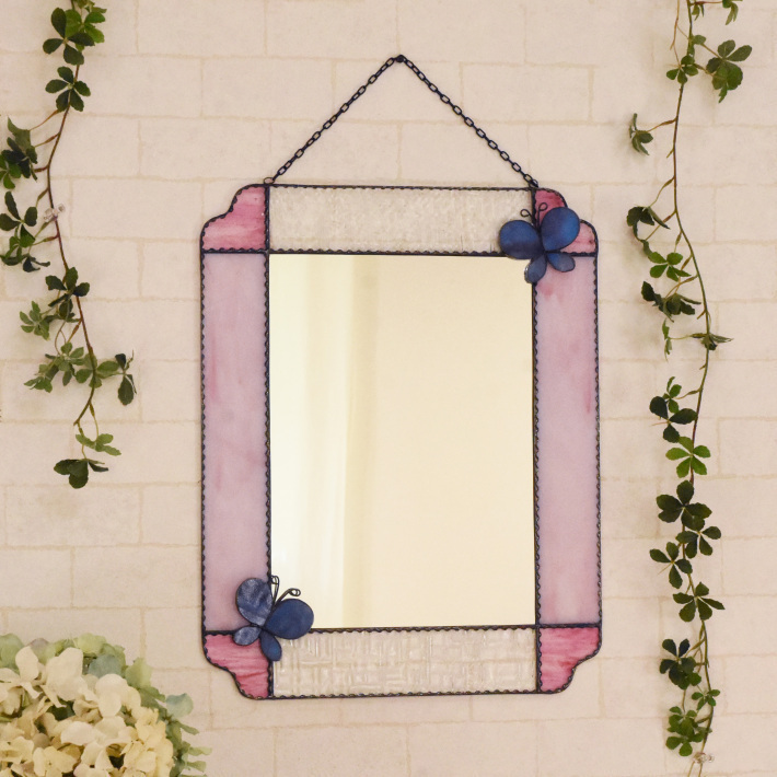 ステンドグラスの壁掛け鏡 幸せを呼ぶ蝶【Papillon Bleu】 | 照明と