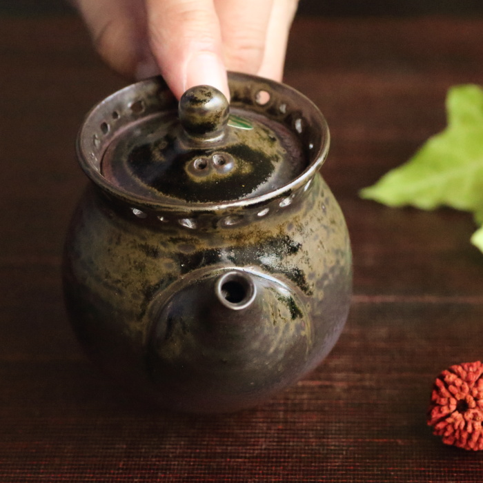 藤井一休 窯変だるま型透かし彫り後手急須小 満容量120ml 物故作家