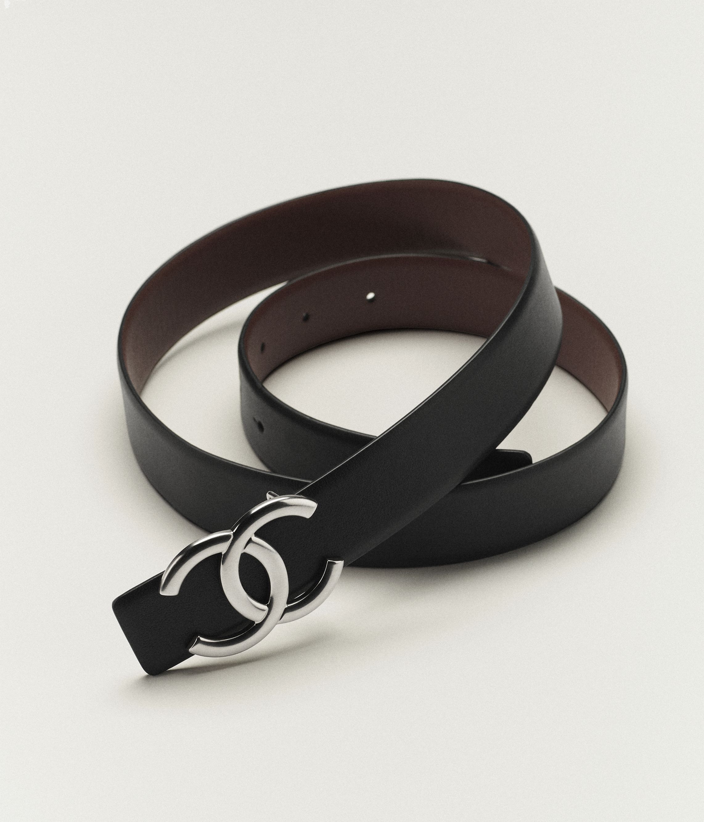 Leather belt - Calfskin & metal, black, burgundy & silver
