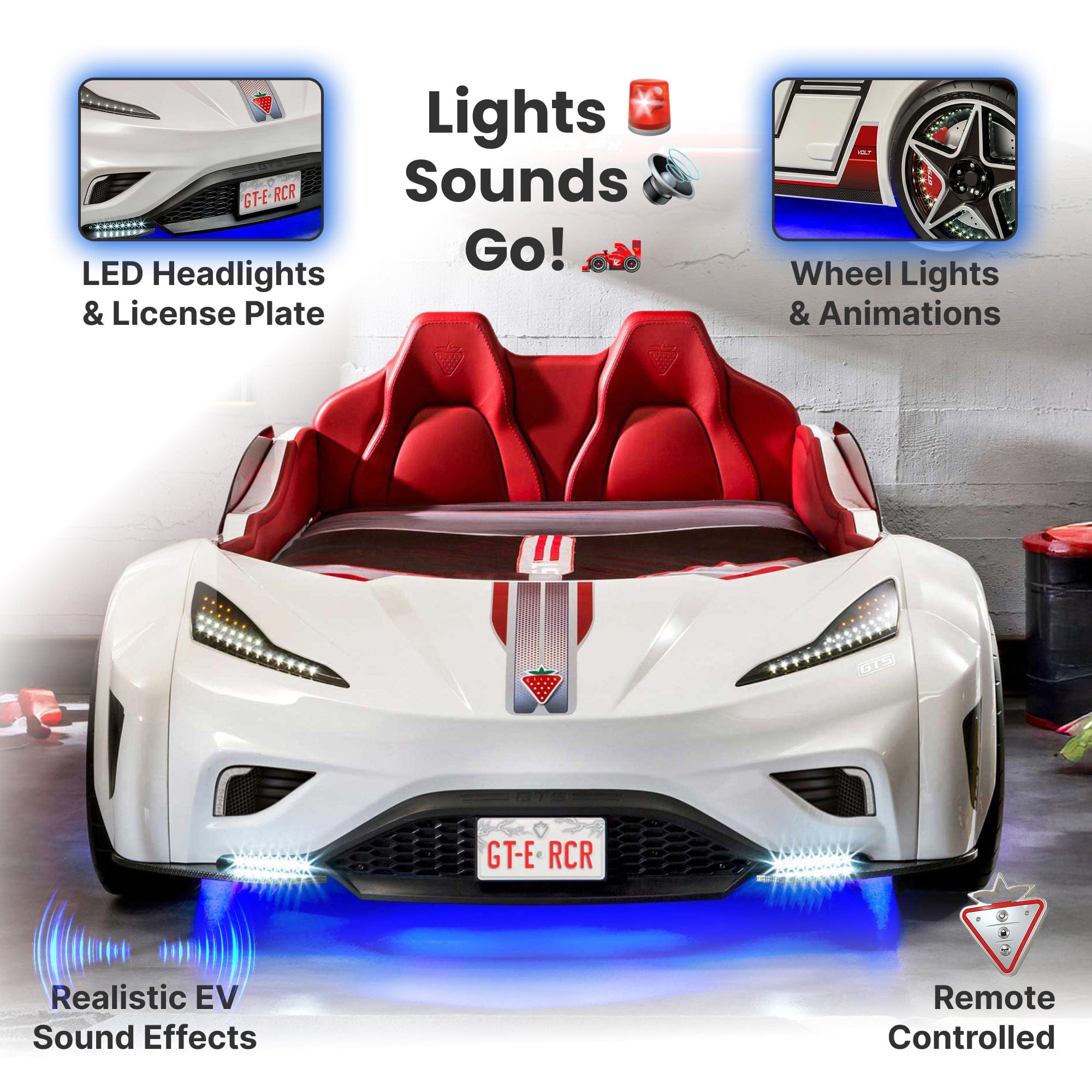 GTS EV White Twin-Size Race Car Bed with Remote, LED Ambient