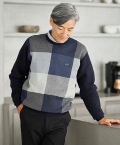 メンズ カシミヤブレンド ブロックチェック ニット【手洗いOK】通販