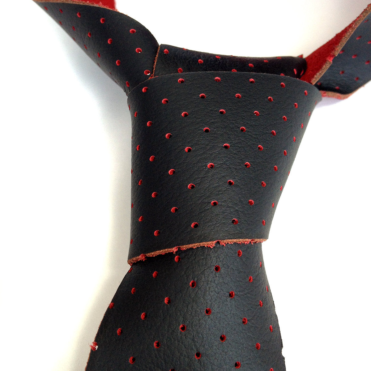 Perforated Black & Red Leather Necktie. Red backed automotive